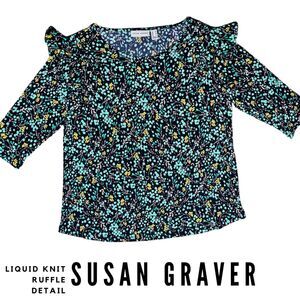 Susan Graver Comfort Stretch Knit Ruffle Ditsy Floral Print Pullover Top Blouse